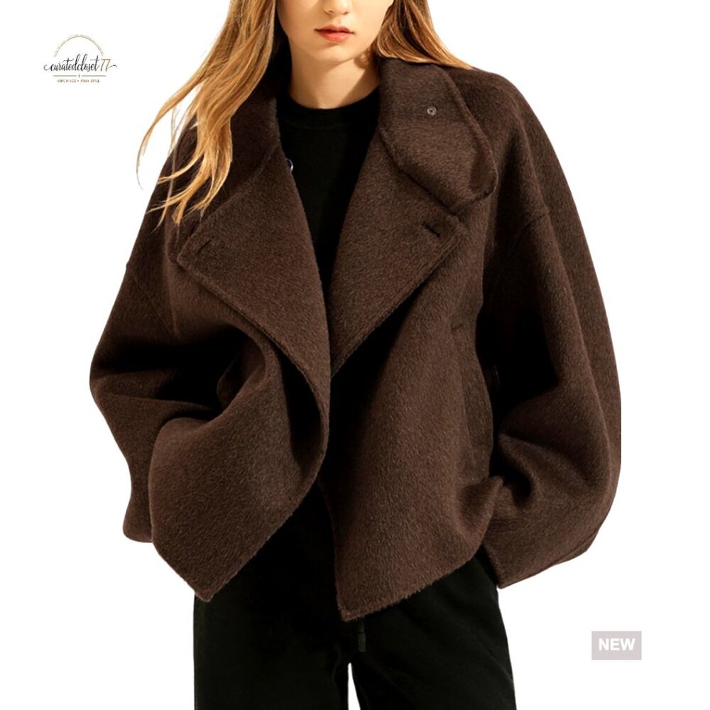 Cropped Wool Pea Coat Oversized Relaxed Fit Notched Lapel Pockets